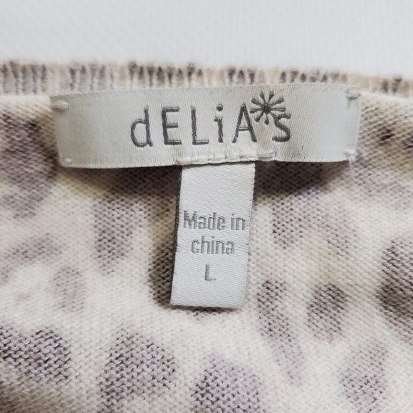 🟢2058 * dELiA*s Animal Print Button Down Cardigan Tan Brown Size L Y2K Retro - Picture 3 of 7